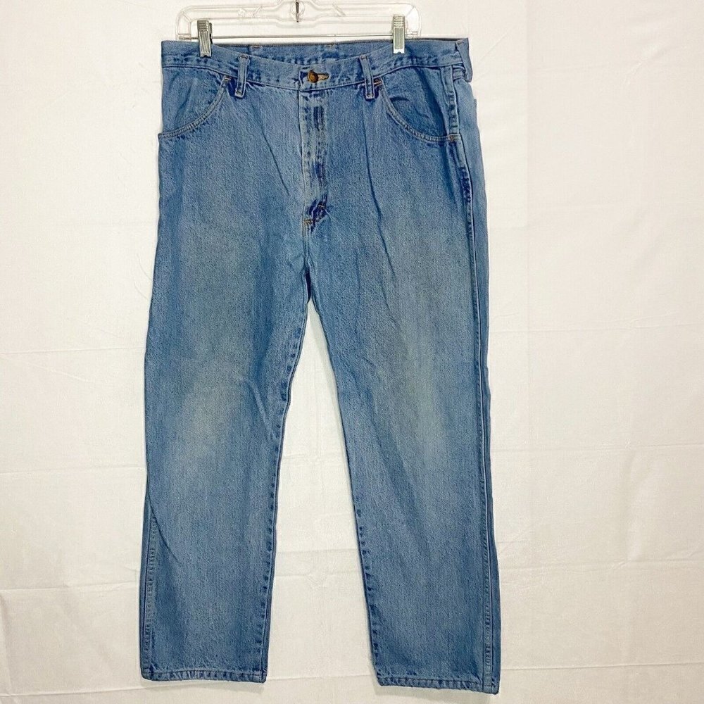 Vintage Rustler by Wrangler Blue Denim Jeans Mens 38x30 Straight Leg Mexico